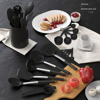 oannao Large Silicone Cooking Utensils Set - Heat Resistant Kitchen Utensils Sets,Spatula,Spoon,Turner Tongs,Whisk,Stainless Steel Cooking Utensil for Nonstick Cookware Dishwasher Safe (Black) - Image 8