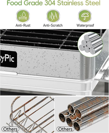 2 Tier Dish Drying Rack, Thicker Premium 304 Stainless Steel Dish Racks for Kitchen Counter, Automatic Drainage Spout, Dish Drainer & Drainboard Set with Utensil Holder and Cup Holder, White - Image 2