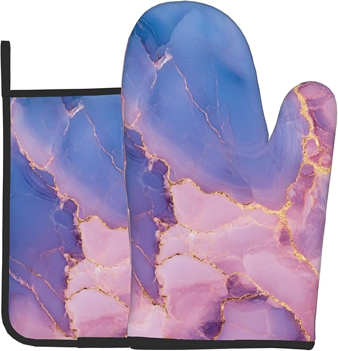 Oven Mitt and Pot Holders Sets - Marble Kitchen Mitts Decorative Purple Pink Oven Gloves Hot Pads Set of 2 for Cooking Baking Grilling by DZGlobal