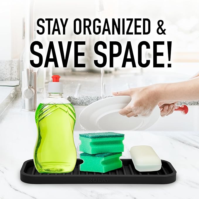 Zulay Kitchen (9x3.5) Silicone Sponge Holder for Kitchen Sink - Flexible Multipurpose Soap Tray Sponge Holder - Sink Organizer Tray for, Bathroom, Makeup, Trinkets & More (Black) - Image 6