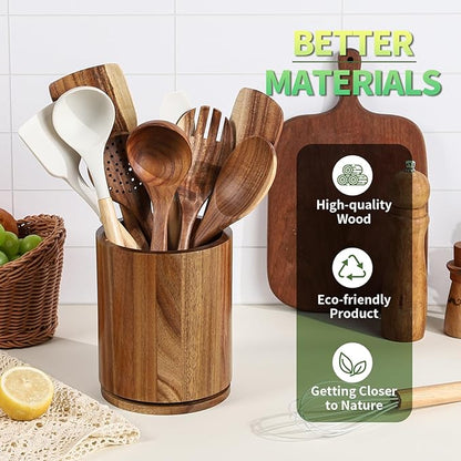 Wooden Utensil Holder, 360°Rotating 7.3'' Large Utensil Holder for Kitchen Counter, Kitchen Utensil Organizer, Utensil Crock, Farmhouse Kitchens Countertop Decor, Acacia Wood - Image 5