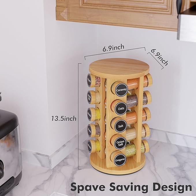 New England Stories Revolving Spice Rack Set with 20 Spice Jars, Kitchen Spice Tower Organizer for Countertop or Cabinet - Carousel Storage Includes 386 Spice Labels (Bamboo) - Image 4