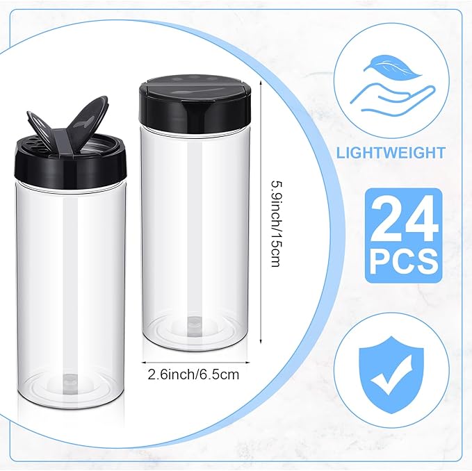 Zhehao 24 Pieces Plastic Spice Containers Plastic Spice Bottles Clear Reusable Large Empty Seasoning Jars with Shaker Lids for Kitchen Storage Seasoning Powder Herbs(16 oz,Cylinder,Clear and Black) - Image 2