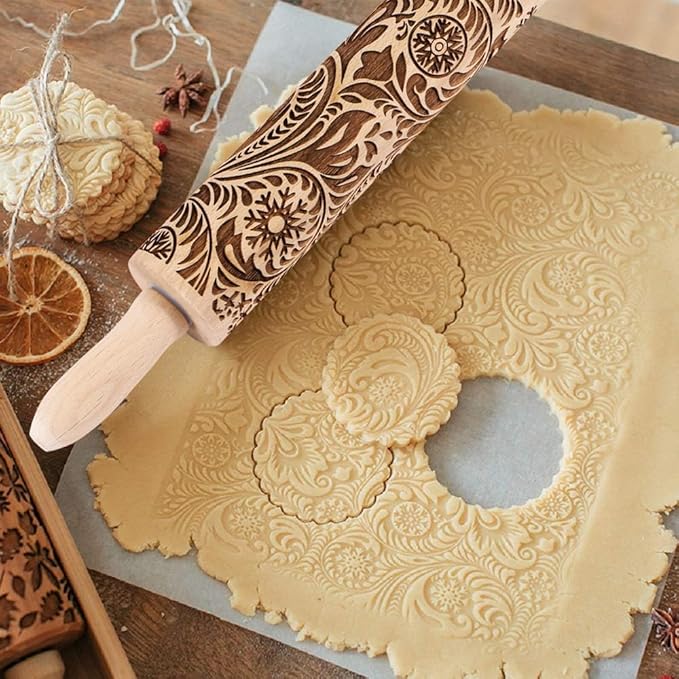 Embossed Wooden Rolling Pin for Baking,Evermarket Deep Engraved Embossing Rolling Pin with Christmas Snowflake Flower Design for Baking Embossed Cookies,Cute Kitchen Decor DIY Tool for Adults - Image 5