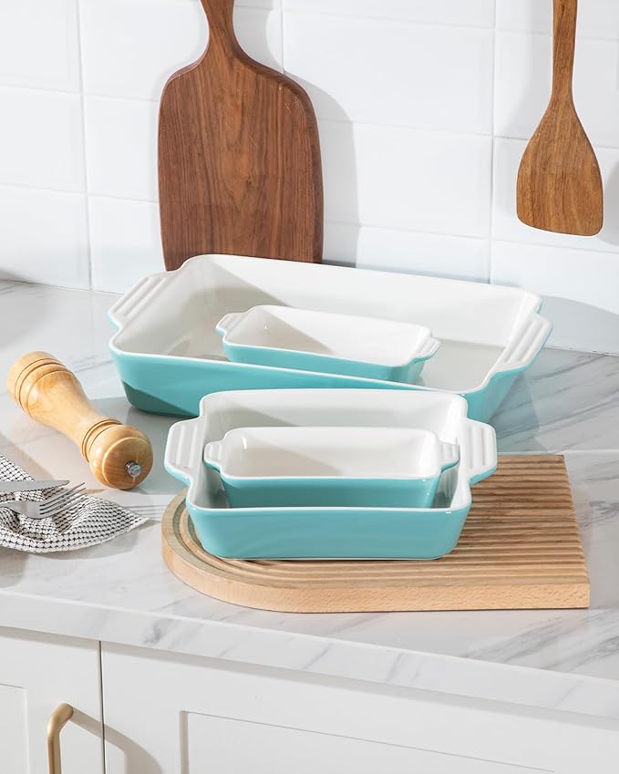 Sweejar Ceramic Bakeware Set of 4, Casserole Dishes for Oven, Rectangular Baking Dish with Handles, Lasagna Pans Deep for Cooking, Gratin, Roasting, Banquet and Daily Use (Turquoise) - Image 4