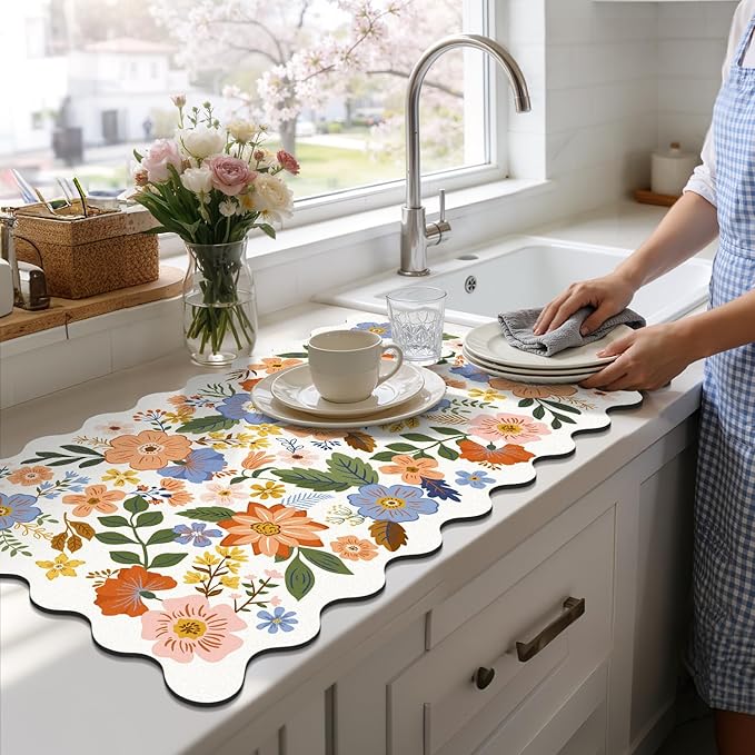 LOKHOM Scalloped Floral Dish Drying Mat, 17"x32" Super Absorbent Coffee Mat with Unique Spring Wildflowers, Cuttable Hide Stain Non-slip Drying Mat for Kitchen Counter Coffee Maker Espresso Machine - Image 8