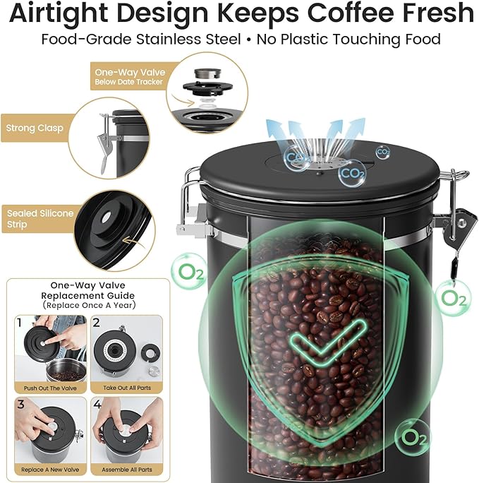 Veken Large Coffee Canister with Window, Kitchen Food Storage Airtight Stainless Steel Container for 2.2lbs Coffee Beans, Grounds, Rice,Tea, Flour, Cereal, Sugar Jars,Date Tracker and Scoop 39oz,Black - Image 6