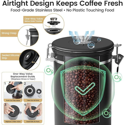 Veken Large Coffee Canister with Window, Kitchen Food Storage Airtight Stainless Steel Container for 2.2lbs Coffee Beans, Grounds, Rice,Tea, Flour, Cereal, Sugar Jars,Date Tracker and Scoop 39oz,Black - Image 6