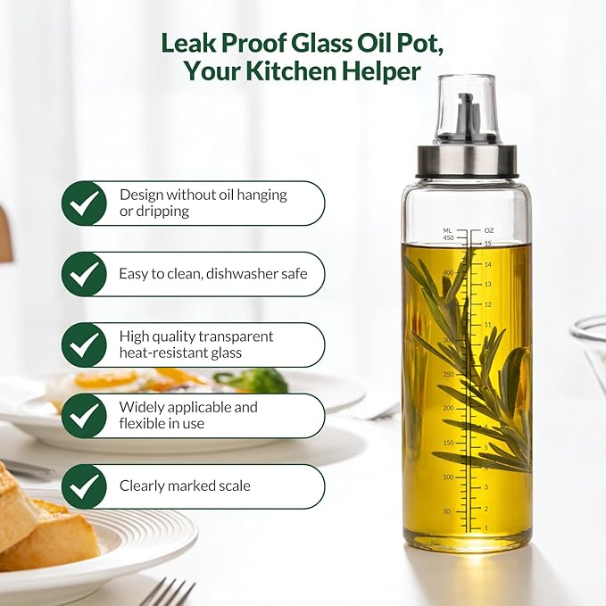 hotder Oil Bottles, Olive Oil Dispenser, Oil Dispenser Bottles, Oil Dispenser, Oil Dispenser Bottle for Kitchen, Glass Oil Bottle 500ml, Easy Refill & Cleaning Non-Drip Spout (450ML) - Image 9