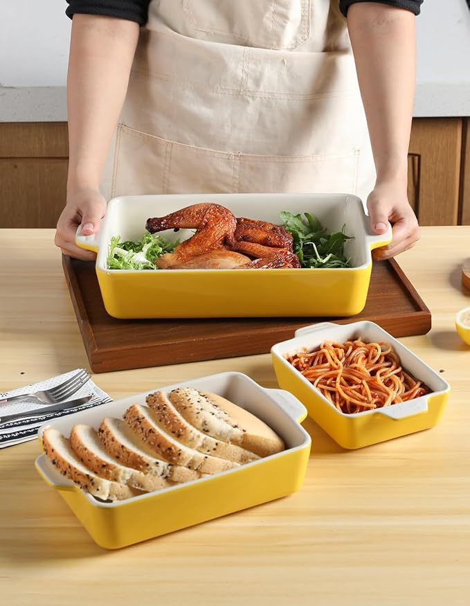 Sweejar Ceramic Bakeware Set, Rectangular Baking Dish for Oven Lasagna Pans for Cooking, Kitchen, Cake Dinner, Banquet and Daily Use, 11.8 x 7.8 x 2.76 Inches of Casserole Dishes (Yellow) - Image 3
