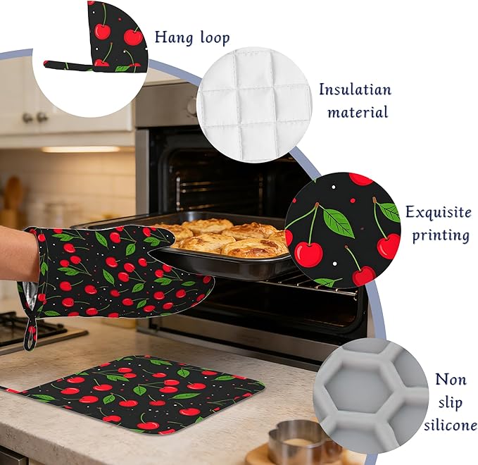 Oven Mitts and Pot Holders Sets Red Black Cherry Silicone Kitchen Mits Potholders Tropical Fruit Cherries Heat Resistant 4Pcs Oven Gloves Hot Pads for Baking Cooking BBQ Grilling Home Decor