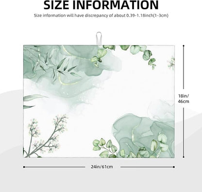 Watercolor Green Leaf Floral Dish Drying Mat for Kitchen Counter, 18"x24" Microfiber Absorbent Fast Dry Mat, 2Pcs Dish Mat Faucet Mats Sets, Large Drying Kitchen Mat Kitchen Drying Pad