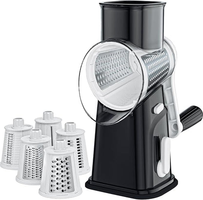 Ourokhome Rotary Cheese Grater Cheese Shredder with 5 Interchangeable Blades, Rotary Grater with Non-slip Suction Base Hand Crank Slicer for Vegetable Nuts Black