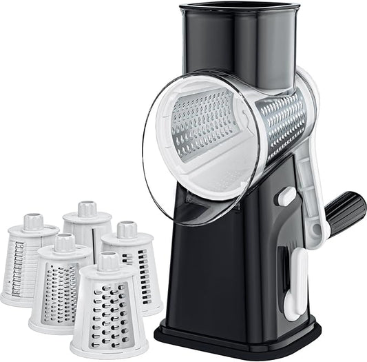 Ourokhome Rotary Cheese Grater Cheese Shredder with 5 Interchangeable Blades, Rotary Grater with Non-slip Suction Base Hand Crank Slicer for Vegetable Nuts Black