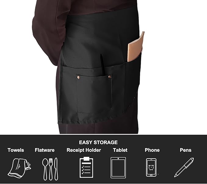 TiwerlfeServer Waist Aprons with 5 Pockets - 11.5 Inch Waterdrop & Oil Resistant Waitress Waiter Half Apron