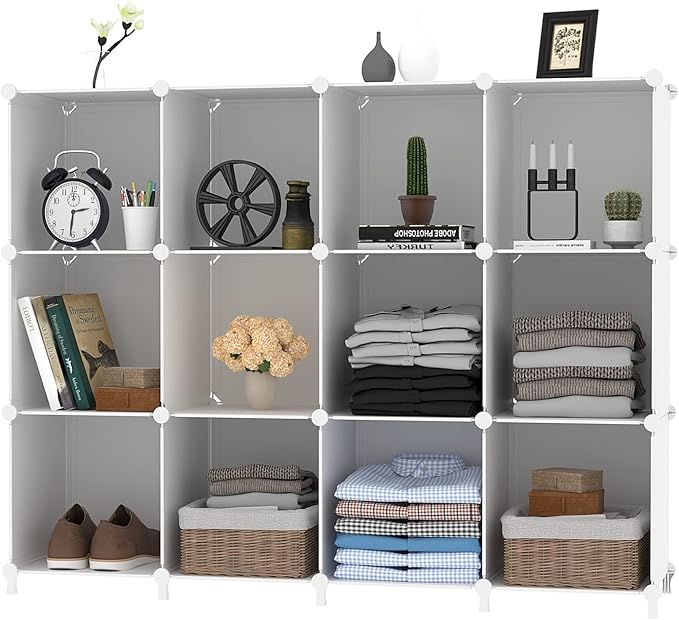 AWTATOS Cube Storage Organizer Storage 12 Cube Bookshelf DIY Plastic Closet Clothes Storage Shelves with Wooden Mallet, Stackable Storage Solution for Home, Bedroom, White - Image 8