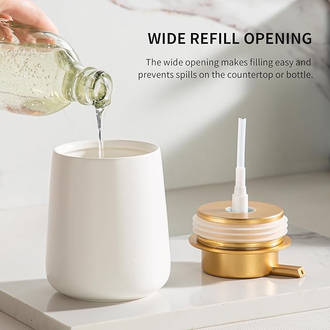 Enra Ceramic Soap Dispenser, 12 Oz Wide-Mouth Hand Lotion Dispenser with Gold Pump, White Refillable Dish Soap Dispenser for Kitchen & Bathroom Countertop Decor