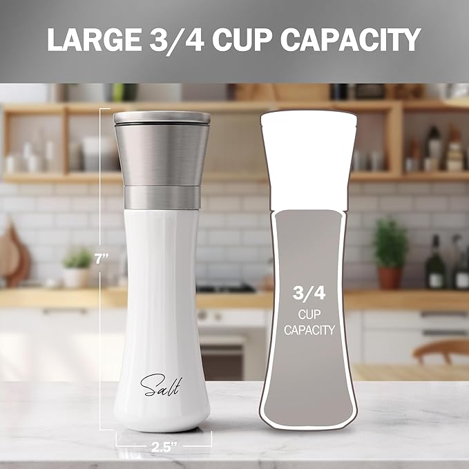 HOME EC Stainless Steel Salt and Pepper Grinder Set of 2 - Adjustable Ceramic Sea Salt Grinder & Pepper Grinder - Glass Salt and Pepper Shakers - Pepper Mill & Salt Mill W/Funnel - Black and White - Image 2