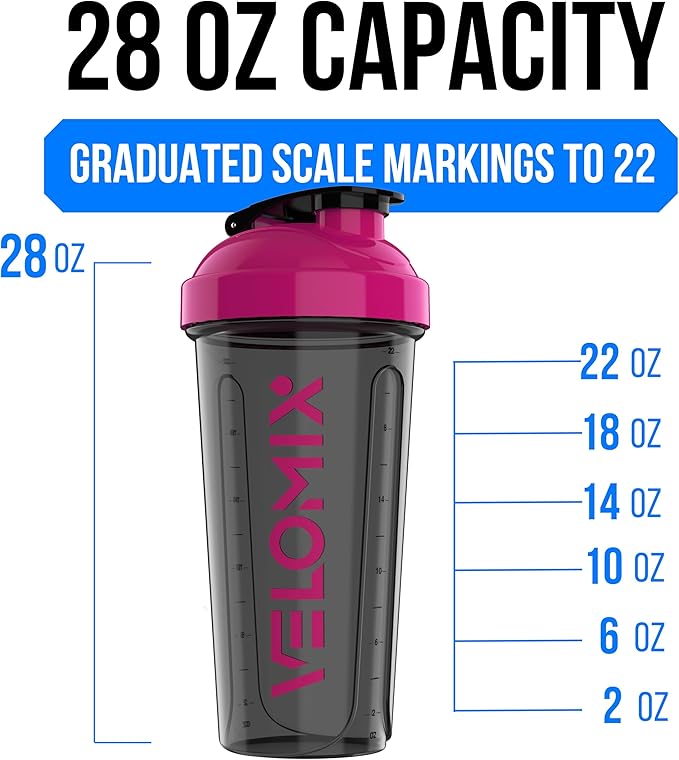 VELOMIX -2 Pack- 28 oz Protein Shaker Bottles for Protein Mixes - 2x Wire Whisk | Leak Proof Shaker Cups for Protein Shakes and Pre Workout | Protein Shaker Bottle Pack (B2) Black/Pink