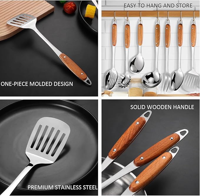 304 Stainless Steel Cooking Utensils Set,9PCS Metal Kitchen Utensils Set with Wooden Handle,Solid Spoon,Spatula,Ladle,Skimmer Spoon,Spaghetti Spoon,Dishwasher Safe - Image 5