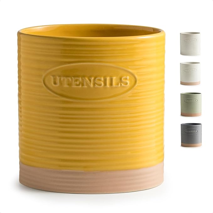 YHOSSEUN Kitchen Utensil Holder for Countertop, Ceramic Utensil Holder for Kitchen Counter, Cooking Utensil Crock for Spatula, Oval Shape, Yellow by YHOSSEUN