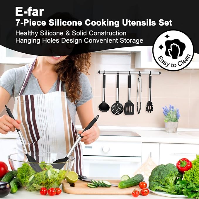 E-far Silicone Cooking Utensils Set, 7 Pcs Heat Resistant Kitchen Utensils with Stainless Steel Handle, Slotted Turner, Spoon, Soup Ladle, Pasta Server, Skimmer, Tongs for Nonstick Cookware, Black - Image 7
