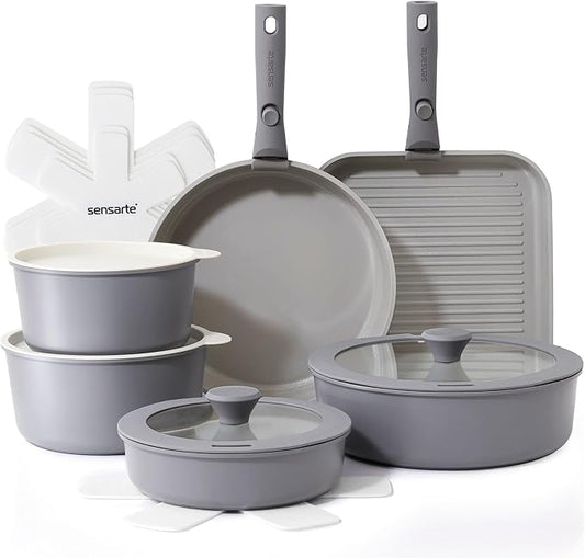 SENSARTE 17 Piece Ceramic Pots and Pans Set, Nonstick Detachable Handle Cookware, Induction Kitchen Cookware Set with Removable Handle, Dishwasher ＆ Oven Safe (Gray) by SENSARTE