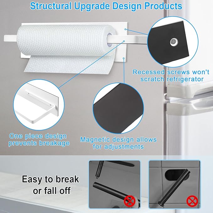 Paper Towel Holder Magnetic, Magnetic Paper Towel Holder for Fridge, Toilet Paper Roll Holder Magnet Towel Rack Wall Mount Shelf Bar for Towels Rolls Bathroom RV Dorm Kitchen Wall Decor, White 2 Pack - Image 4