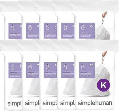 simplehuman Code K 200 Count Custom Fit Liners, Drawstring Kitchen Trash Bags, One-by-One Mess-Free Dispense, Extra Thick & Double Seamed, 50% PCR Plastic, 30-45 Liter / 8-12 Gallon, White