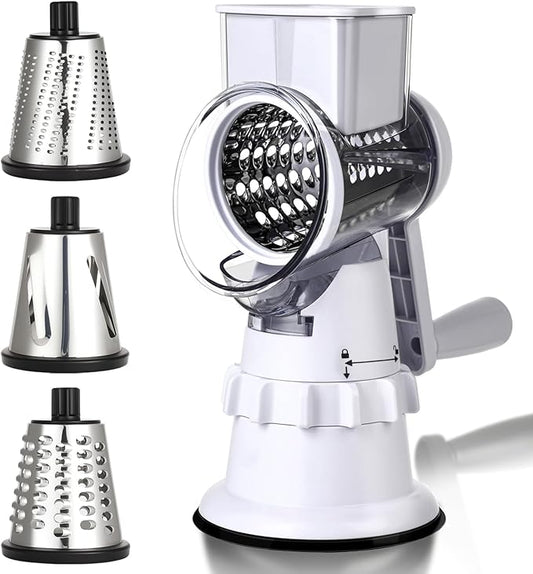 Rotary Cheese Grater Hand Crank, Vegetable Slicer with 3 Blades, Stable Suction, Labor-Saving Handle, Cheese Shredder for Potato Vegetables Nuts Chocolate, White