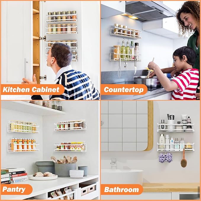 Bunoxea Spice Rack wall mounted 2 Pack, Space-Saving Spice Organizer for Spice Jars and Seasonings,Screw or Adhesive Hanging Spice Rack Organizer for Your Kitchen Cabinet,or Pantry Door,White - Image 7