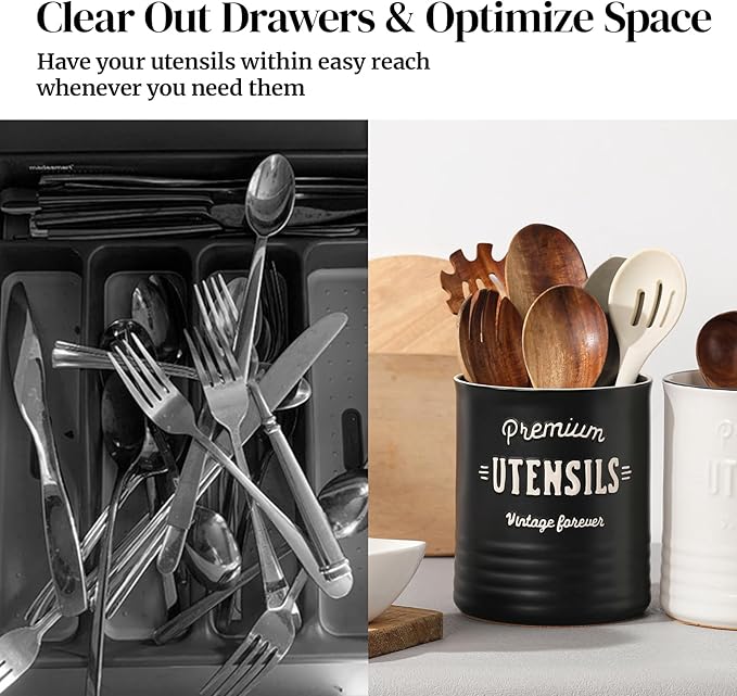 DOWAN 7.2″ Extra Large Utensil Holder, Farmhouse Utensil Holder for Kitchen Counter, Ceramic Utensil Crock with Protection Cork Mat, Utensil Storage for Kitchen Decor & Housewarming Gift, Matte Black - Image 6