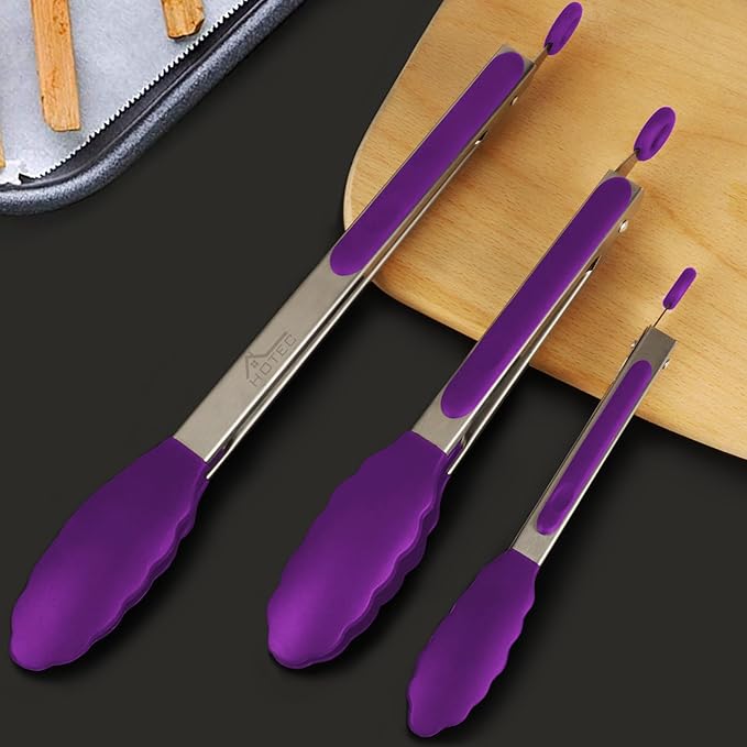 HOTEC Premium Stainless Steel Locking Kitchen Tongs with Silicon Tips, Set of 3-7", 9" and 12" (Purple) - Image 7