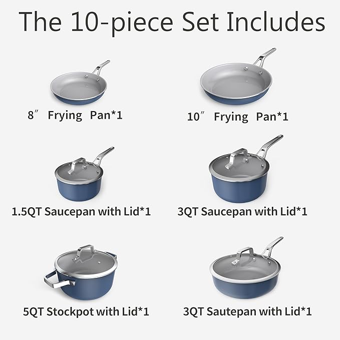 10-Piece Nonstick Ceramic Cookware Set, Non-Toxic Ceramic Coated Aluminum Pots and Pans with Lids, PFAS & PFOA &PTFE Free, Induction Compatible, Healthy Essential Kitchen Set -（Blue)