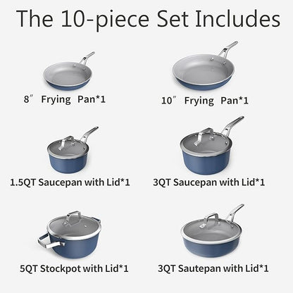 10-Piece Nonstick Ceramic Cookware Set, Non-Toxic Ceramic Coated Aluminum Pots and Pans with Lids, PFAS & PFOA &PTFE Free, Induction Compatible, Healthy Essential Kitchen Set -（Blue)