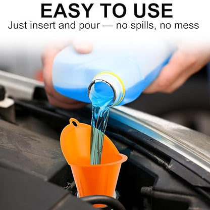 3-Pack Long-Neck Oil Funnels, 11" Multi-Purpose Funnels for Automotive & Motorcycle Use – Reusable Funnel for Oil, Gas & Transmission Fluid (Orange&Blue)