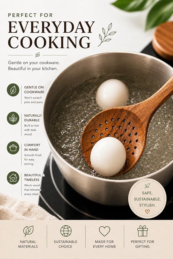 Wooden Cooking Utensils Set – Coki Home 9-Piece Teak Wood Kitchen Utensils with Holder, Nonstick Safe, Plastic-Free, Food-Safe Cooking Tools