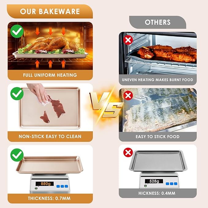 Baking Sheet Pan Set of 3, Commercial Cookie Sheets for Baking, Nonstick Half/Quarter/Jelly Roll Pans Replacement Toaster Oven Tray, Heavy Duty & Easy Clean, Rose Gold - Image 3