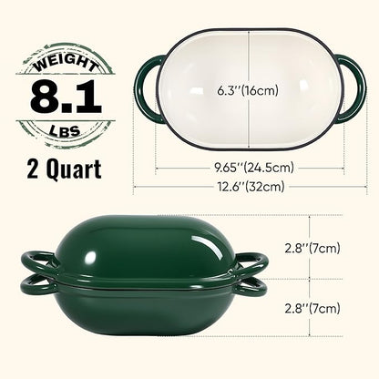 2 QT Oval Dutch Oven for Bread Baking, Enamelled Cast Iron Bread Oven for Sourdough, Sourdough Loaf Pan with Lid, Heavy-Duty Non Stick Bread Pan for Homemade Bread Baking, Green
