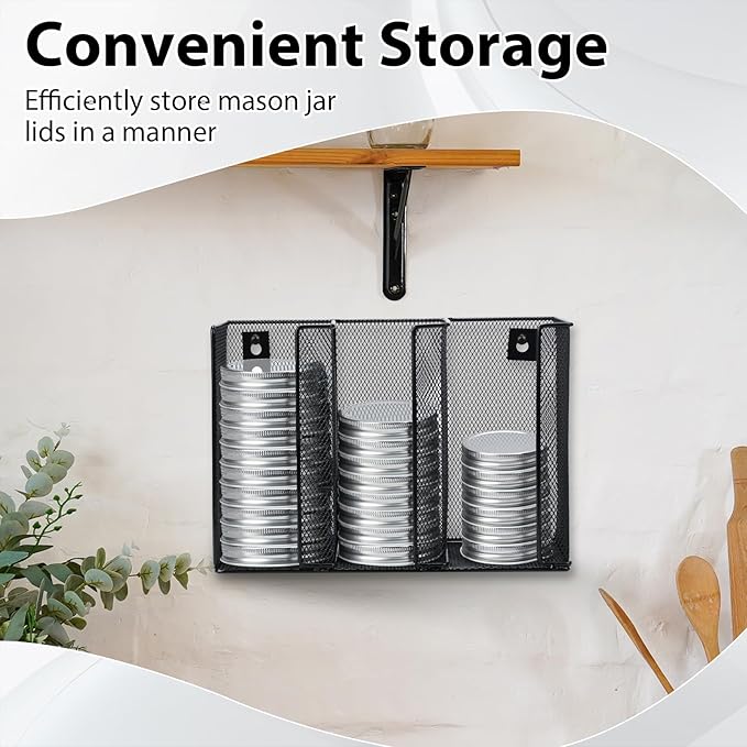 Wall Mounted Mason Jar Lid Organizer Metal Mason Jar Lid Holder 3-Compartment Mason Jar Lid Rack Vertical Mason Jars Lid Storage Wide Mouth Canning Lid Holder Stackable for Kitchen Countertop