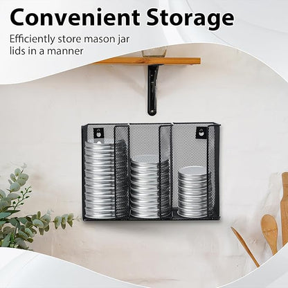 Wall Mounted Mason Jar Lid Organizer Metal Mason Jar Lid Holder 3-Compartment Mason Jar Lid Rack Vertical Mason Jars Lid Storage Wide Mouth Canning Lid Holder Stackable for Kitchen Countertop