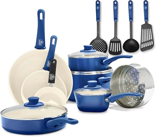 GreenLife 16 Piece Nonstick Cookware Set, Soft Grip Non-Toxic PFAS-Free Ceramic Pots & Pans, Dishwasher & Oven Safe, Frying, Sauce, Saute, Utensils, Glass Lids, Stay-Cool Handles, Wobble Free, Blue by GreenLife