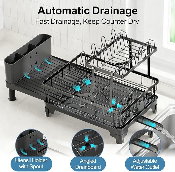 GSlife 2 Tier Dish Drying Rack with Drainboard, Expandable Large Dish Drainer for Kitchen Counter, Rust Resistant Dish Drainer with Cup Holder & Utensil Holder, 12.6" W x 18.7"-25.2" L, Black - Image 7