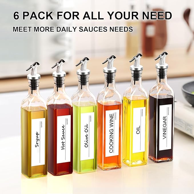 GMISUN Olive Oil Dispenser Bottle, 6 Pack Oil Dispensers Bottles for Kitchen, Cooking Vinegar Dispenser Set, Glass Container Cruet-Pourer Spout, Funnel and Labels - Image 6