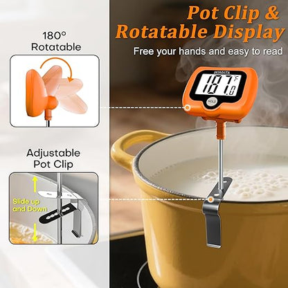 BOMATA Digital Candy Thermometer with Pot Clip, Deep Fry Oil Thermometer with Rotatable Display & Long Probe, for Candy Candle Making, Cooking, Food, Liquids, Water, Sugar.. Orange