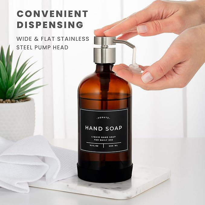 Hand and Dish Soap Dispenser for Kitchen and Bathroom, Set of 2 16 Oz Glass Bottles, Stainless Steel Pumps, Non-Slip Silicone Base, 27 Waterproof Labels (Amber Bottle/Brushed Silver Pump) - Image 4