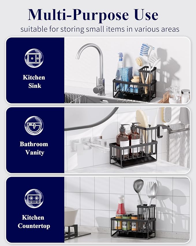Kitsure Sponge Holder for Kitchen Sink - Rustproof Stainless Steel Sink Caddy Organization and Storage Essentials with High Brush Holder, Home Decor Accessories, 7.9" x 3.7" x 6.2", Black - Image 7