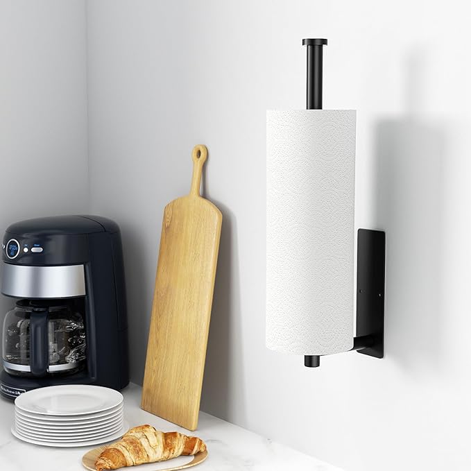 Paper Towel Holder - Self-Adhesive or Drilling, Matte Black Wall Mounted Rack - SUS304 Stainless Steel Kitchen Roll Holder Under Cabinet (2 Pack) - Image 8