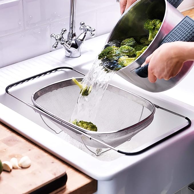 Over The Sink Stainless Steel Oval Colander with Expandable Rubber Grip Handles Strainers, Fine Mesh Strainer Basket Kitchen 6 Quarts Colander for Strain, Drain, Rinse Fruits, Vegetables - Image 6