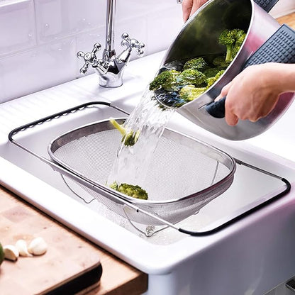 Over The Sink Stainless Steel Oval Colander with Expandable Rubber Grip Handles Strainers, Fine Mesh Strainer Basket Kitchen 6 Quarts Colander for Strain, Drain, Rinse Fruits, Vegetables - Image 6